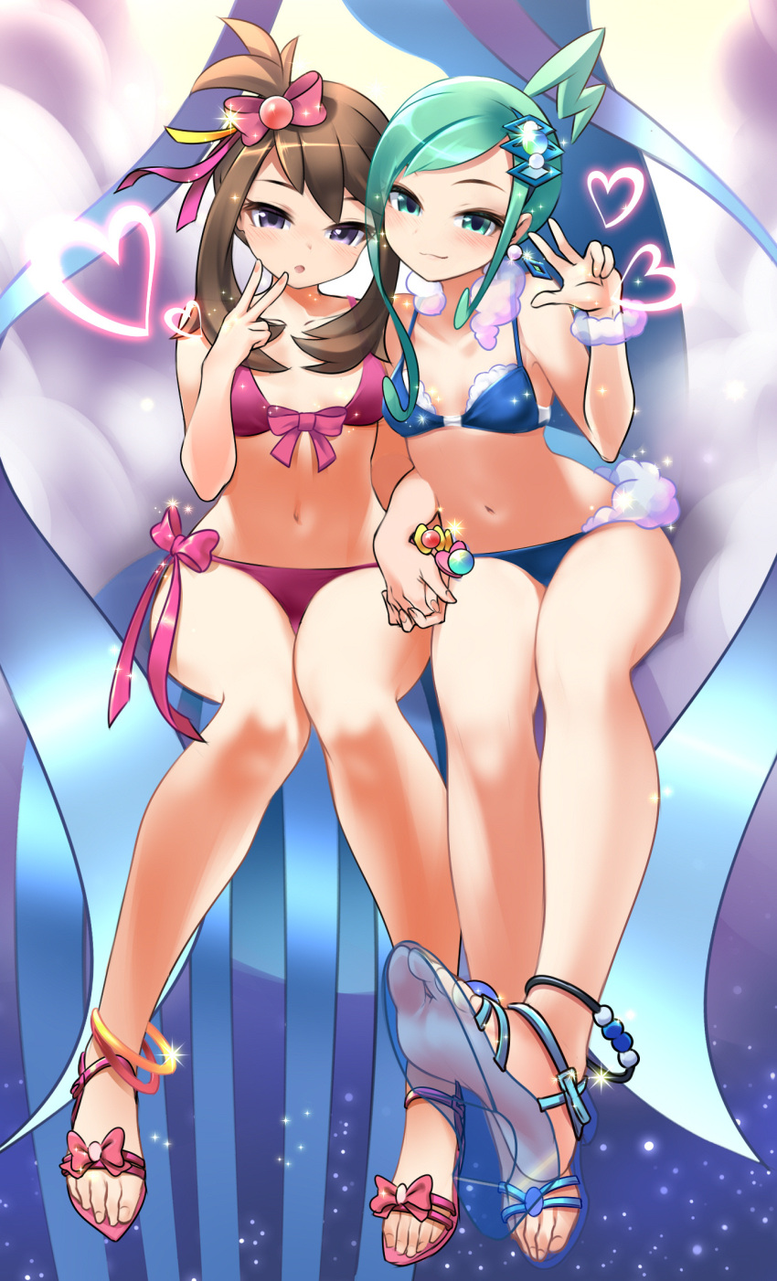 2girls :o anklet aqua_eyes aqua_hair asymmetrical_hair bangs bare_shoulders bikini blue_bikini blue_eyes blush breasts brown_hair collarbone commentary_request earrings eyebrows_visible_through_hair full_body fur_trim groin hair_between_eyes hair_ornament hair_ribbon heart highres holding_hands jewelry knees_together_feet_apart lisia_(pokemon) long_hair looking_at_viewer may_(pokemon) midriff multiple_girls navel one_side_up pink_bikini pokemon pokemon_(game) pokemon_oras ribbon sandals see-through sidelocks sitting small_breasts smile swept_bangs swimsuit tm_(hanamakisan) v