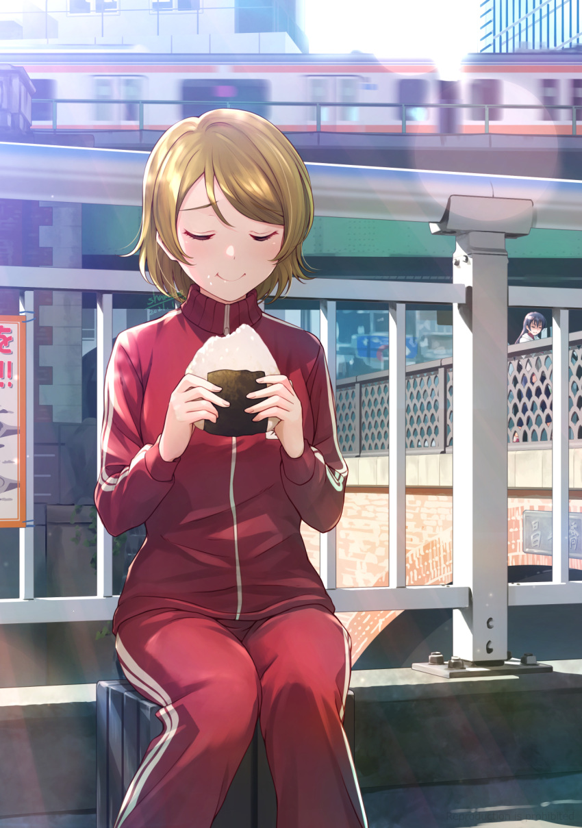 birthday blush brown_hair closed_eyes eating food happy_birthday highres holding koizumi_hanayo love_live! love_live!_school_idol_project onigiri rice shamakho short_hair sitting smile solo