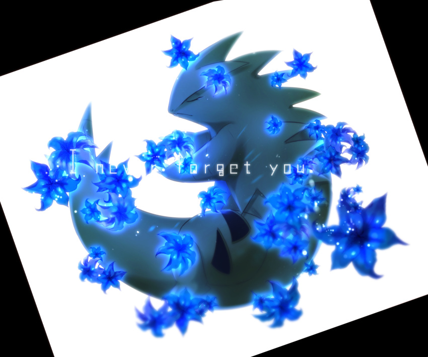 absurdres blue_flower claws closed_eyes closed_mouth commentary_request english_text fang flower full_body gen_2_pokemon highres iogi_(iogi_k) no_humans pokemon pokemon_(creature) simple_background solo tyranitar white_background