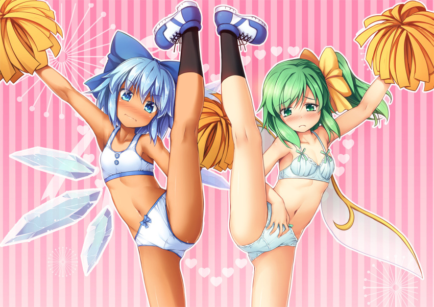 2girls bangs bare_arms bare_shoulders black_legwear blue_bow blue_eyes blue_hair blush bow bra breasts chima_q cirno collarbone commentary daiyousei embarrassed eyebrows_visible_through_hair fairy_wings frown green_eyes green_hair hair_between_eyes hair_bow heart ice ice_wings kneepits large_bow leg_up multiple_girls navel outline outstretched_arm panties pink_background pom_poms short_hair simple_background small_breasts socks split sports_bra standing standing_on_one_leg standing_split striped striped_background tan tanned_cirno touhou underwear underwear_only v-shaped_eyebrows vertical_stripes wavy_mouth white_bra white_outline white_panties wings yellow_bow