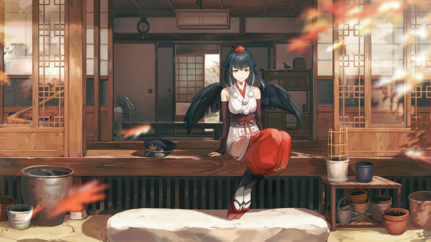 1girl architecture autumn autumn_leaves bangs bare_shoulders black_gloves black_hair black_wings bridal_gauntlets closed_mouth dandelion double_bun east_asian_architecture elbow_gloves flower geta gloves hakama hat hat_removed headwear_removed highres hip_vent japanese_clothes karasu_tengu kotatiyu nijisanji obi obiage obijime pom_pom_(clothes) sash short_hair shouji sidelocks sleeveless sliding_doors smile solo tabi tengu tengu-geta tokin_hat twintails veranda virtual_youtuber white_legwear wings yamagami_karuta yellow_eyes