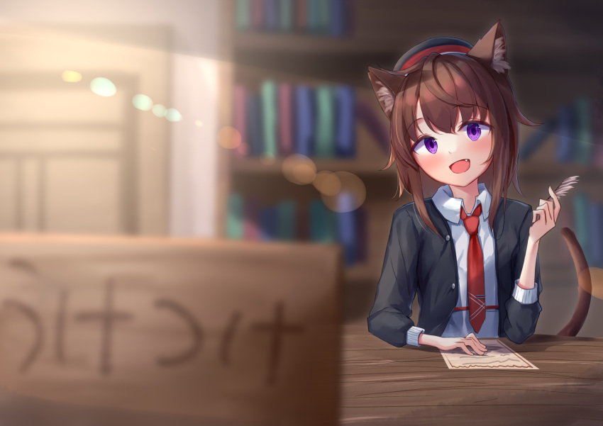 1girl :d akinakesu-chan animal_ear_fluff animal_ears bangs beret black_headwear black_jacket blurry blurry_background blurry_foreground book bookshelf brown_hair collared_shirt commentary_request depth_of_field fang hair_between_eyes hand_up hat highres holding jacket necktie open_clothes open_jacket original quill red_necktie school_uniform shirt smile solo translation_request violet_eyes white_shirt