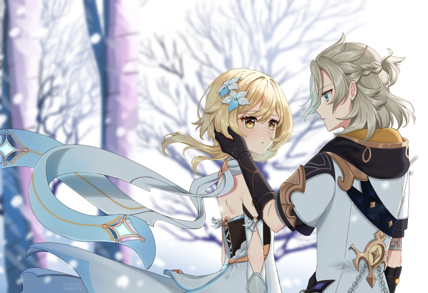 1boy 1girl absurdres albedo_(genshin_impact) anientte blonde_hair blue_eyes braid dress flower genshin_impact gloves hair_flower hair_ornament half-closed_eyes hand_on_another's_face highres looking_at_another lumine_(genshin_impact) parted_lips scarf short_sleeves snow tree yellow_eyes