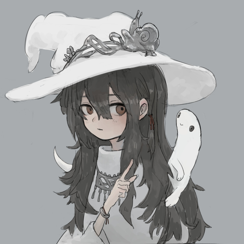 1girl absurdres black_hair blush brown_eyes creature grey_background hair_between_eyes hat highres index_finger_raised jewelry long_hair muted_color necklace original simple_background solo tsurunoka white_headwear witch_hat