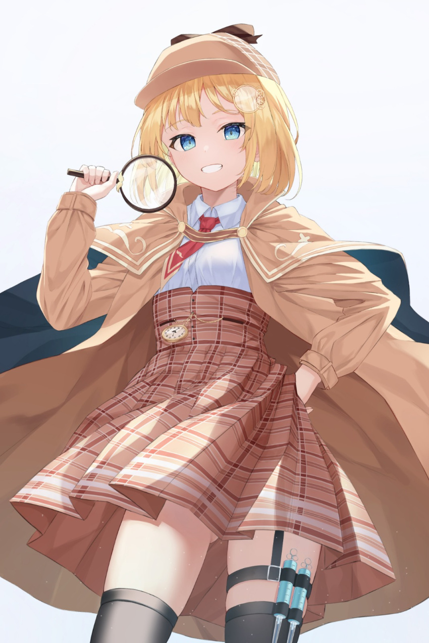 1girl :d ass_visible_through_thighs black_legwear blonde_hair blue_eyes breasts brown_capelet brown_coat brown_headwear brown_skirt coat collared_shirt contrapposto cowboy_shot deerstalker glass hair_ornament hand_on_hip hat highres holding_magnifying_glass hololive hololive_english hukw looking_at_viewer monocle_hair_ornament necktie open_mouth plaid plaid_skirt red_neckwear shirt short_hair simple_background skirt small_breasts smile solo standing syringe thigh-highs thigh_strap trench_coat virtual_youtuber watson_amelia white_background white_shirt