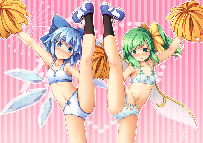 2girls bangs bare_arms bare_shoulders black_legwear blue_bow blue_eyes blue_hair blush bow bra breasts chima_q cirno collarbone commentary daiyousei embarrassed eyebrows_visible_through_hair fairy_wings frown green_eyes green_hair hair_between_eyes hair_bow heart ice ice_wings kneepits large_bow leg_up multiple_girls navel outline outstretched_arm panties pink_background pom_poms short_hair simple_background small_breasts socks split sports_bra standing standing_on_one_leg standing_split striped striped_background touhou underwear underwear_only v-shaped_eyebrows vertical_stripes wavy_mouth white_bra white_outline white_panties wings yellow_bow
