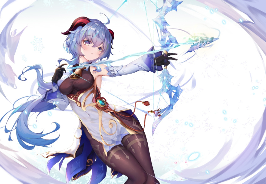 1girl 60yifenzhi1deqiji ahoge aiming armpits arrow_(symbol) bare_shoulders bell black_gloves bow_(weapon) breasts closed_mouth covered_navel cowbell detached_sleeves dutch_angle expressionless flower_knot ganyu_(genshin_impact) genshin_impact gloves holding holding_bow_(weapon) holding_weapon horns ice impossible_clothes long_hair long_sleeves looking_afar medium_breasts outstretched_arm purple_hair red_ribbon ribbon solo tassel thigh_gap very_long_hair violet_eyes weapon white_background