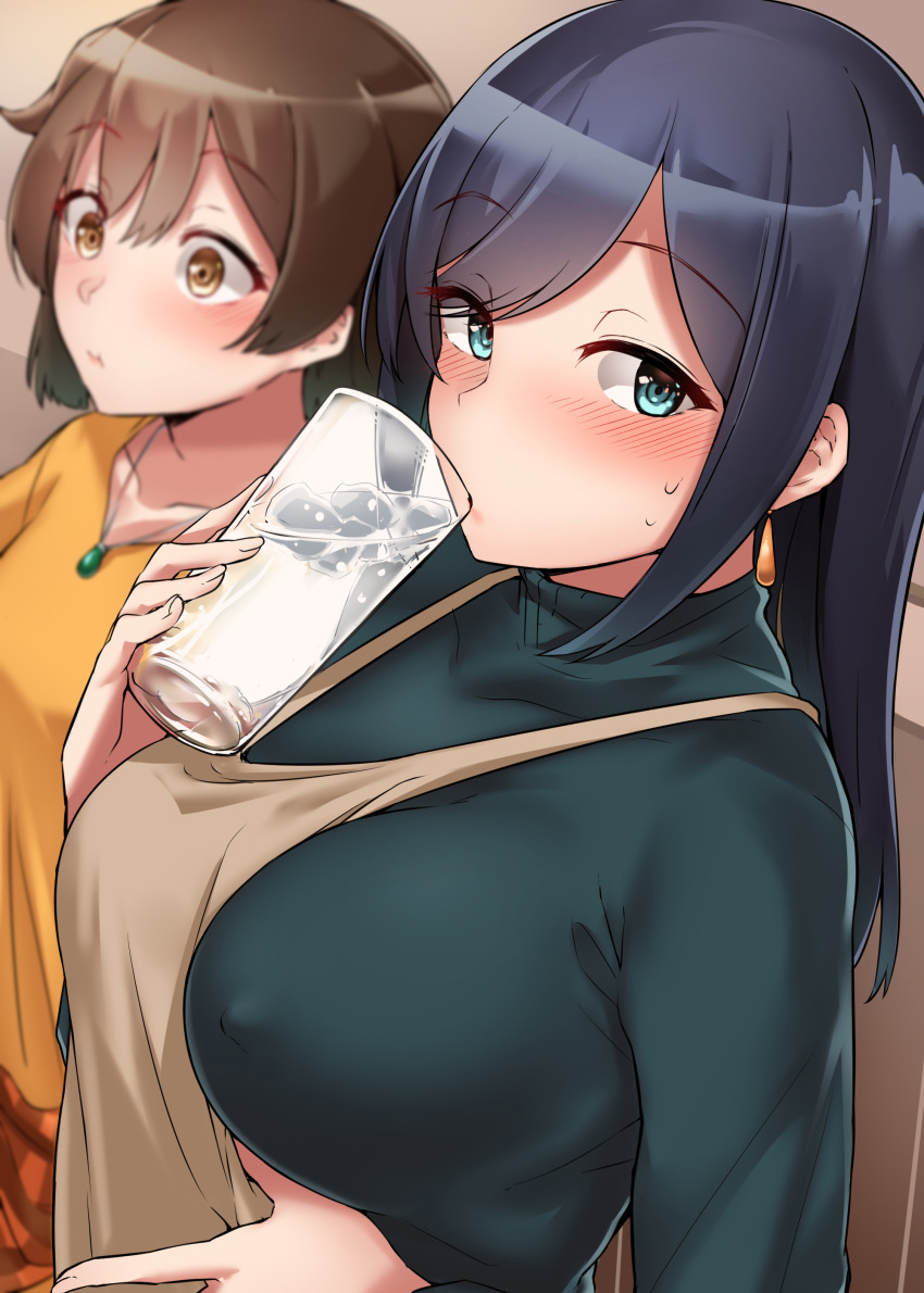 2girls absurdres blue_eyes blue_hair blush breasts brown_eyes brown_hair collarbone cup drinking drinking_glass eyebrows_visible_through_hair fingernails green_shirt hair_between_eyes highres hiryuu_(kantai_collection) holding holding_cup jewelry kantai_collection kiritto large_breasts long_hair looking_at_viewer multiple_girls necklace shirt short_hair souryuu_(kantai_collection) upper_body yellow_shirt