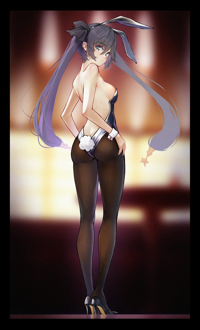 1girl absurdres animal_ears ass bare_back bare_shoulders black_footwear black_legwear breasts bunny_tail butt_crack closed_mouth eyebrows_visible_through_hair fake_animal_ears from_behind full_body genshin_impact green_eyes hair_between_eyes highres huge_filesize long_hair looking_at_viewer medium_breasts mona_(genshin_impact) pantyhose playboy_bunny purple_hair rabbit_ears solo standing tail terebi_(shimizu1996) twintails