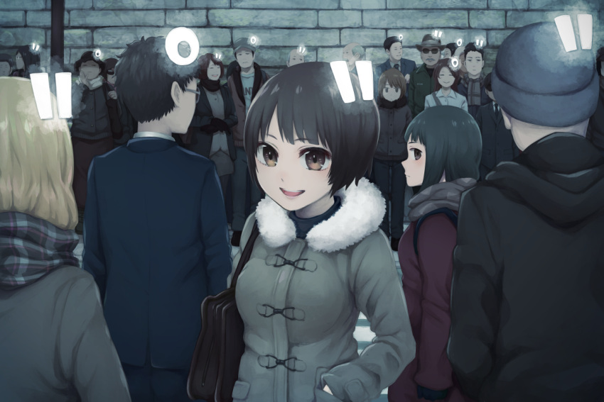 6+boys 6+girls bag black_hair blonde_hair brown_eyes cowboy_hat crowd facing_away formal fur_trim glasses hand_in_pocket handbag hat jacket long_hair looking_at_viewer multiple_boys multiple_girls original scarf short_hair smile suit sunglasses train_station_platform winter_clothes yajirushi_(chanoma)