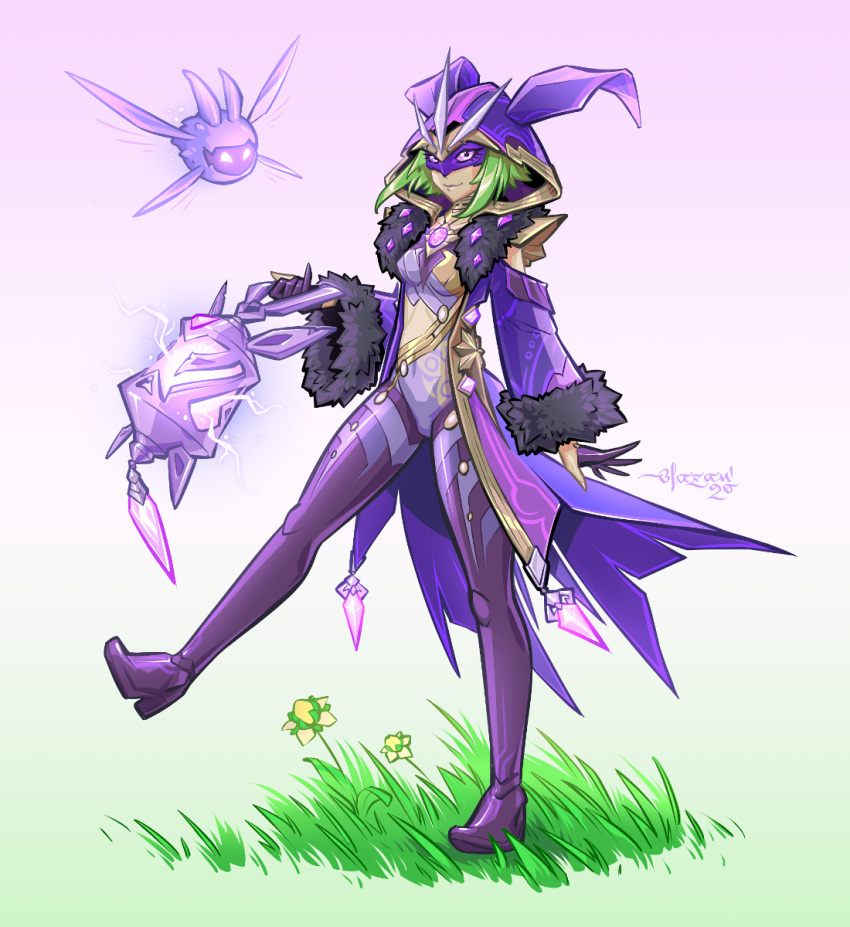 1girl bare_shoulders blazan breasts choker cloak closed_mouth diamond_(gemstone) electro_cicin_mage_(genshin_impact) evil_grin evil_smile fur_cuffs fur_trim gem genshin_impact gloves glowing glowing_eyes grass green_hair grin highres holding holding_lantern hood hooded_cloak lantern leotard long_sleeves mask purple_cloak purple_leotard short_hair simple_background smile walking white_background