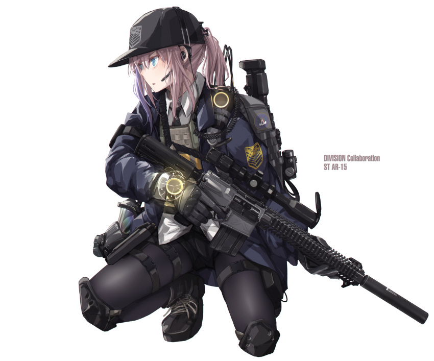 1girl alternate_costume alternate_hairstyle assault_rifle bangs baseball_cap black_footwear black_gloves black_legwear black_neckwear blue_eyes blue_jacket character_name english_text expressionless girls_frontline gloves grifon_&amp;_kryuger gun hair_between_eyes hat headpiece highres holding holding_gun holding_weapon jacket knee_pads long_hair mishima_hiroji multicolored_hair necktie parted_lips pink_hair ponytail purple_hair rifle shirt sidelocks simple_background solo squatting st_ar-15_(girls_frontline) streaked_hair thigh-highs tom_clancy's_the_division weapon white_background white_shirt