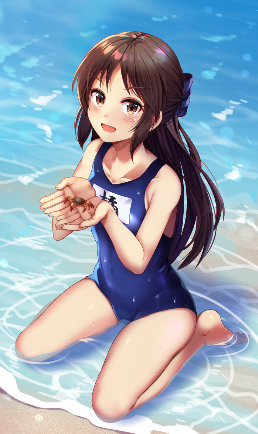 1girl barefoot beach black_bow blue_swimsuit bow brown_eyes brown_hair commentary_request crab hair_bow half_updo highres idolmaster idolmaster_cinderella_girls long_hair name_tag partially_submerged school_swimsuit sitting smile solo swimsuit tachibana_arisu wariza z.nov