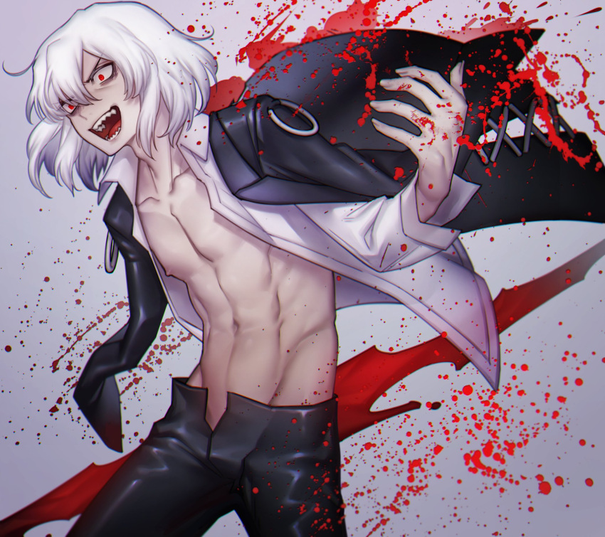 1boy :d abs bangs black_jacket black_pants blood blood_splatter collared_shirt commentary_request cowboy_shot gradient gradient_background grey_background highres jacket jacket_on_shoulders long_sleeves male_focus medium_hair navel nipples open_clothes open_mouth open_shirt pants poisonsugar000 red_eyes sharp_teeth shirt smile solo standing stomach teeth tohno_shiki_(2) tsukihime white_hair white_shirt wing_collar