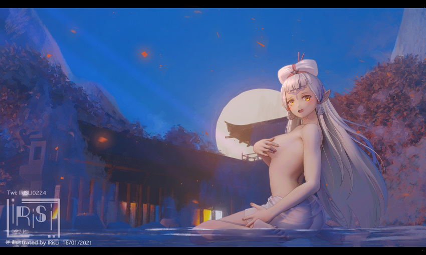 1girl absurdres ass blush breasts covering covering_breasts eye_symbol feet forehead_tattoo hair_bun highres hyrule_warriors:_age_of_calamity impa irisl long_hair moon naked_towel night onsen open_mouth partially_submerged pointy_ears scenery sheikah silver_hair sitting solo the_legend_of_zelda the_legend_of_zelda:_breath_of_the_wild toes topless towel very_long_hair wariza water yellow_eyes