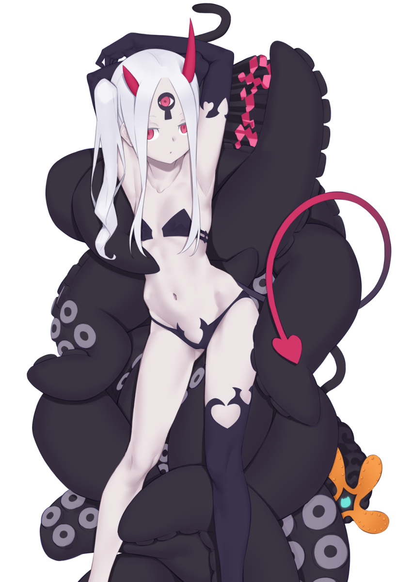 1girl abigail_williams_(fate/grand_order) abigail_williams_(swimsuit_foreigner)_(fate) bangs blush breasts colored_skin fate/grand_order fate_(series) forehead highres jilu keyhole long_hair looking_at_viewer navel parted_bangs red_eyes simple_background tentacles white_hair white_skin