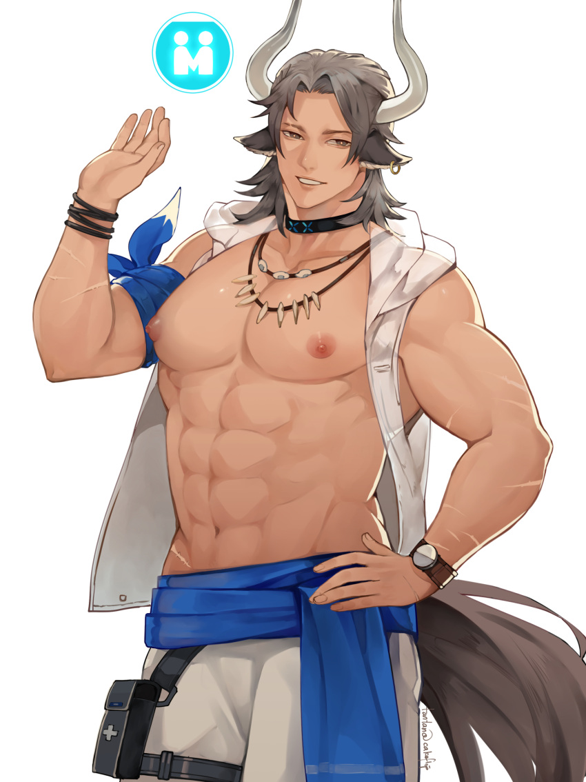 1boy abs absurdres animal_ears arknights bandana bare_pecs brown_eyes brown_hair clothes_around_waist cow_boy cow_ears cow_horns cowboy_shot earrings highres hood hoodie horns jewelry ketanbakar male_focus male_swimwear matterhorn_(arknights) matterhorn_(beach_guard)_(arknights) medium_hair muscular muscular_male navel nipples pectorals shirt shirt_around_waist sleeveless sleeveless_hoodie solo stomach swim_trunks swimwear tooth_necklace white_hoodie