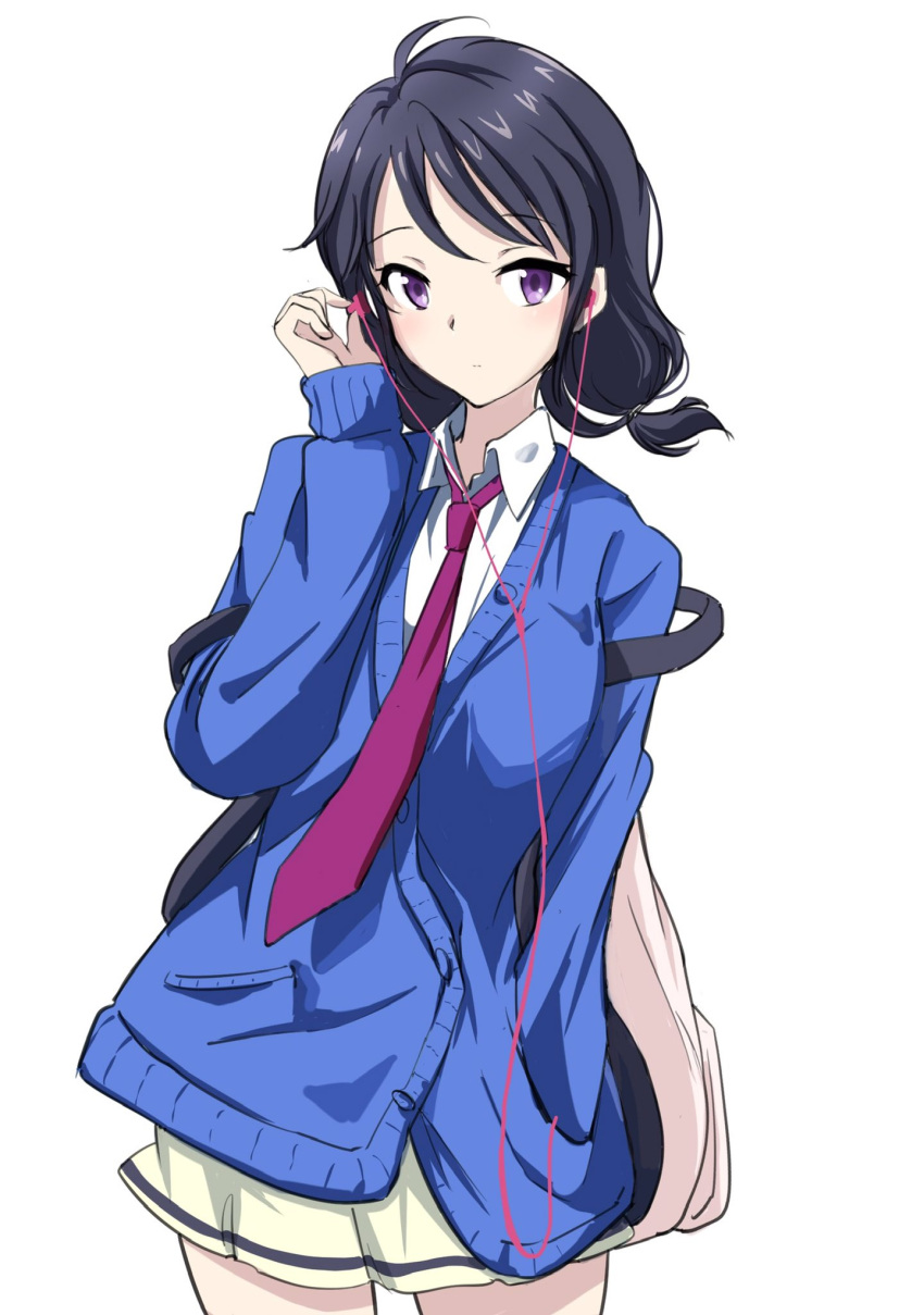 1girl backpack bag bangs black_hair blue_cardigan cable cardigan closed_mouth collared_shirt cowboy_shot earphones eyebrows_visible_through_hair hand_in_pocket hand_up highres holding holding_earphones kajino_(aosansai) long_hair long_sleeves looking_at_viewer loose_necktie low_twintails necktie pleated_skirt purple_neckwear school_bag school_uniform shirt simple_background single_earphone_removed skirt solo standing tamura_yuri twintails violet_eyes watashi_ga_motenai_no_wa_dou_kangaetemo_omaera_ga_warui! white_background white_shirt yellow_skirt