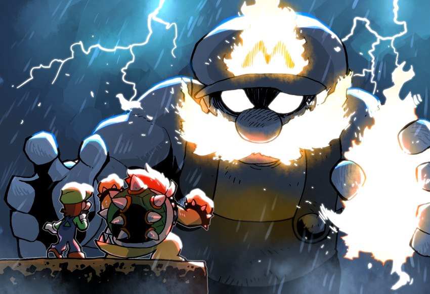 3boys alternate_universe big_nose bowser bracelet brown_hair cliff commentary english_commentary eye_contact facial_hair giant gloves glowing green_headwear highres jewelry lightning long_sleeves looking_at_another luigi mario multiple_boys mustache nintendo outdoors overalls rain rariatto_(ganguri) redhead role_reversal size_difference spiked_armlet spiked_bracelet spiked_shell spiked_tail spikes standing super_mario_3d_world super_mario_bros. tail white_gloves