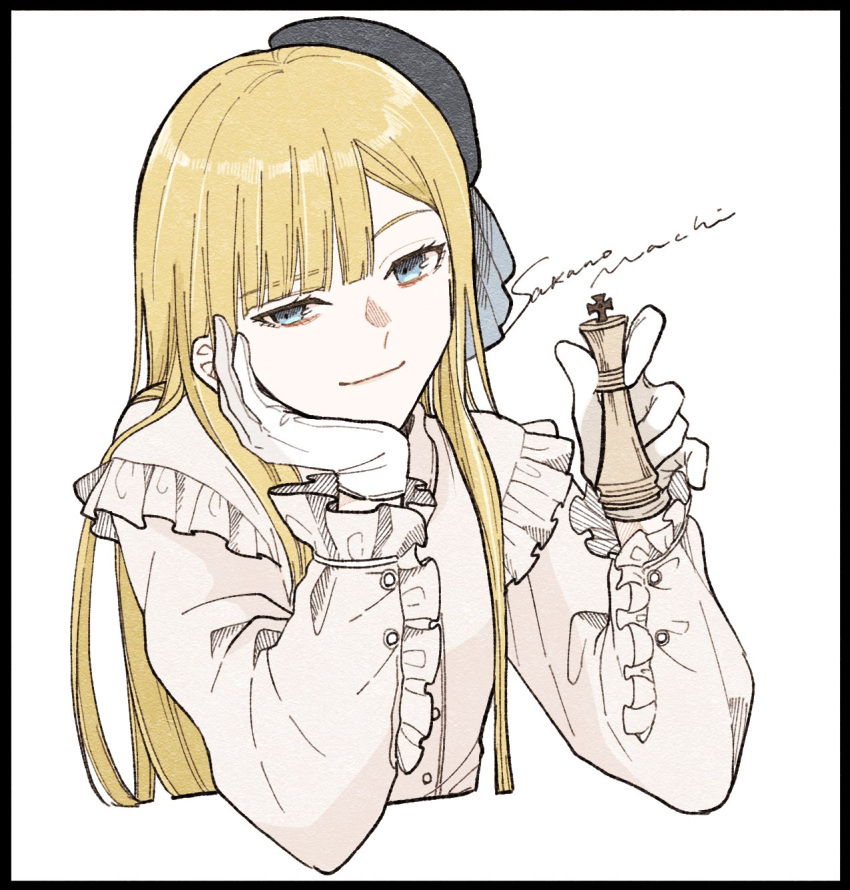 1girl artist_name bangs black_border black_headwear blonde_hair blue_eyes blunt_bangs blush border chess_piece closed_mouth cropped_torso dress_shirt fate_(series) frilled_shirt frilled_sleeves frills gloves grey_shirt hand_up hands_up hat head_tilt highres holding king_(chess) long_hair long_sleeves looking_at_viewer lord_el-melloi_ii_case_files reines_el-melloi_archisorte sakanomachico shirt smile solo upper_body white_background