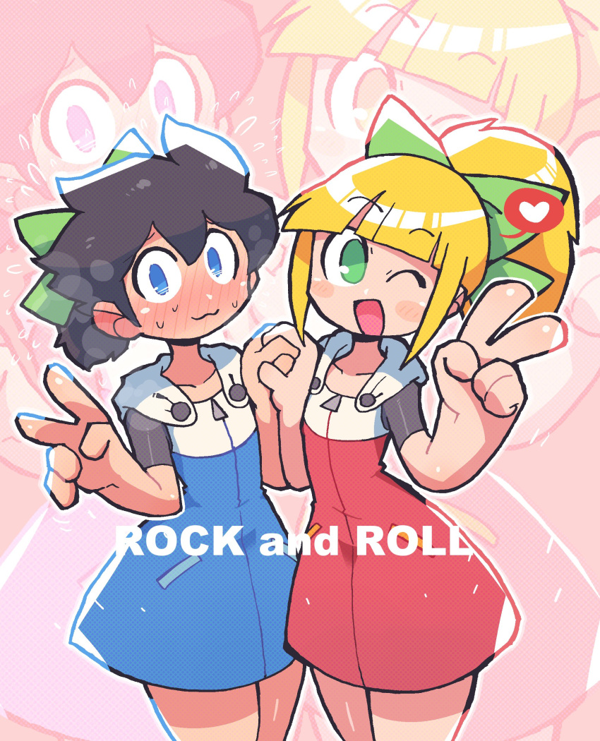 1boy 1girl :3 absurdres black_hair blonde_hair blush bow character_name cosplay crossdressinging hair_bow highres holding_hands open_mouth ponytail rariatto_(ganguri) rockman rockman_(character) rockman_(classic) roll_(rockman) roll_(rockman)_(cosplay) smile v