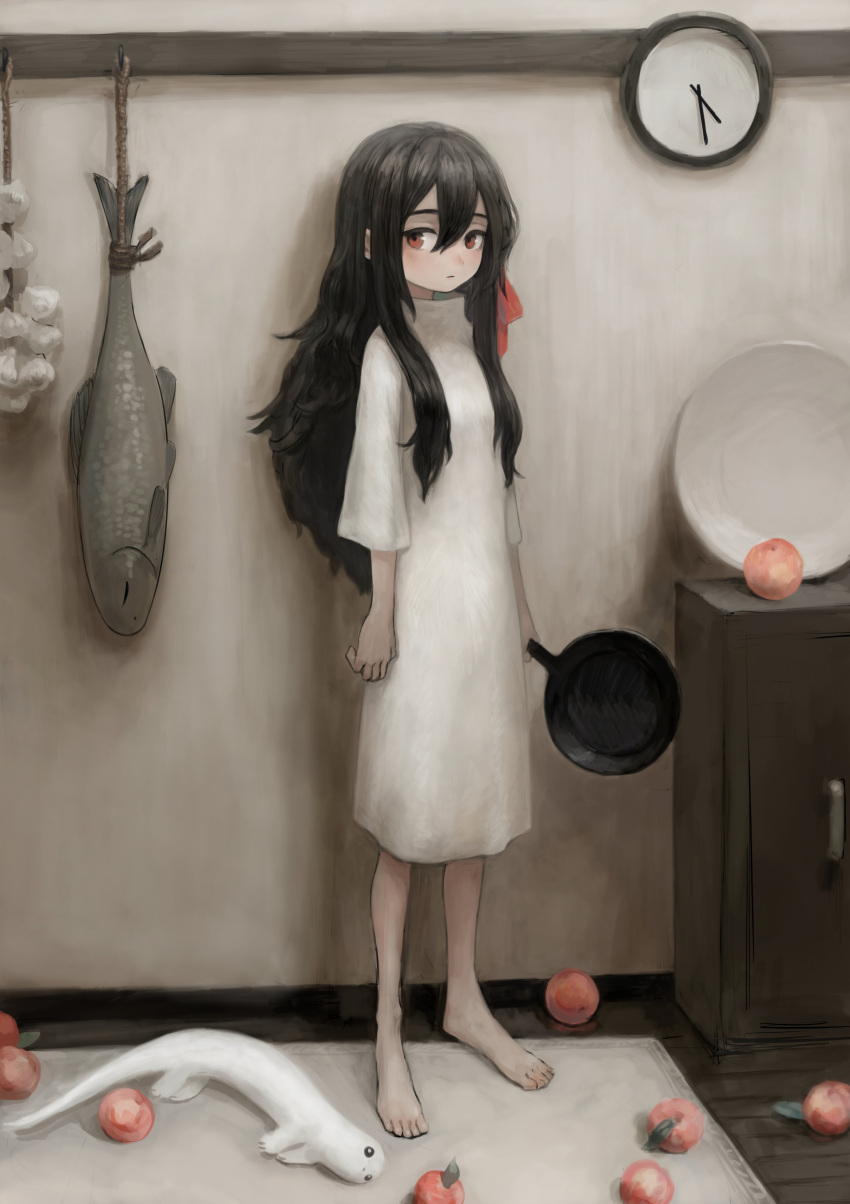 1girl absurdres bare_legs barefoot black_hair blush brown_eyes clock creature dress fish food fruit frying_pan full_body hair_between_eyes highres indoors leaf long_hair long_sleeves original plate shadow solo standing tsurunoka white_dress