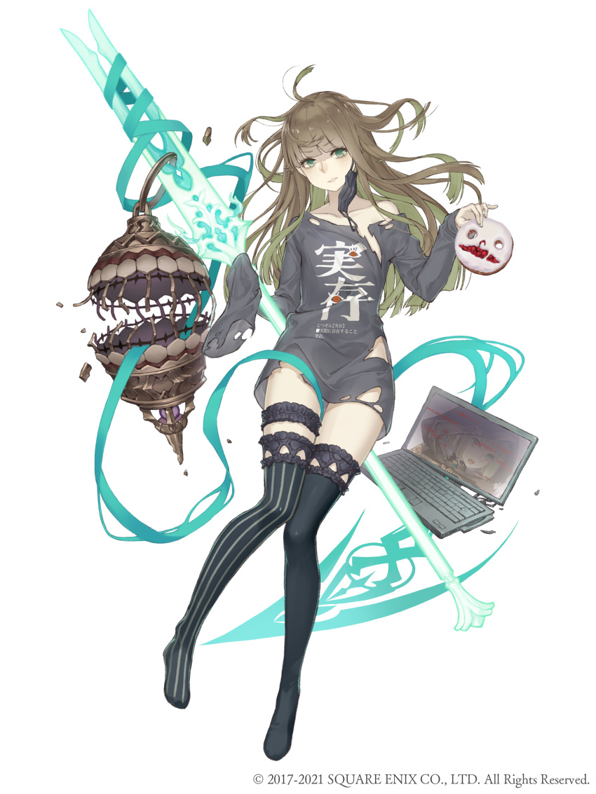 1girl absurdres aqua_eyes aqua_hair birdcage broken_computer brown_hair cage cake colored_inner_hair computer energy_spear eyebrows_visible_through_hair food full_body gretel_(sinoalice) highres ji_no laptop long_hair looking_at_viewer mask messy_hair mismatched_legwear mouth_mask multicolored_hair official_art reality_arc_(sinoalice) shirt sinoalice sleeves_past_wrists solo square_enix thigh-highs torn_clothes torn_shirt two-tone_hair white_background