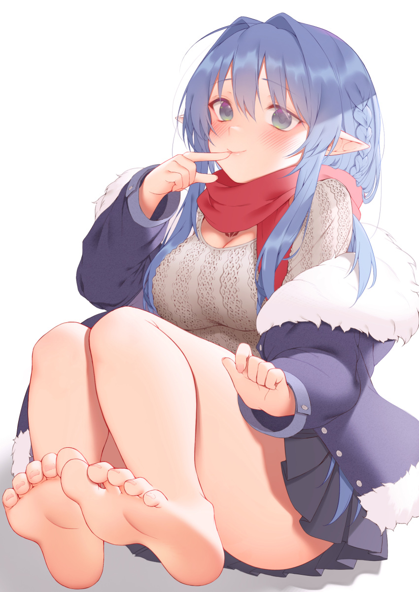 1girl bare_legs barefoot blue_eyes blue_hair breasts elf fairy feet full_body highres large_breasts legs long_hair looking_at_viewer original pointy_ears red_scarf ribbed_sweater scarf skirt soles sweater thigh-highs toes white_background zhaofeng_yinyue
