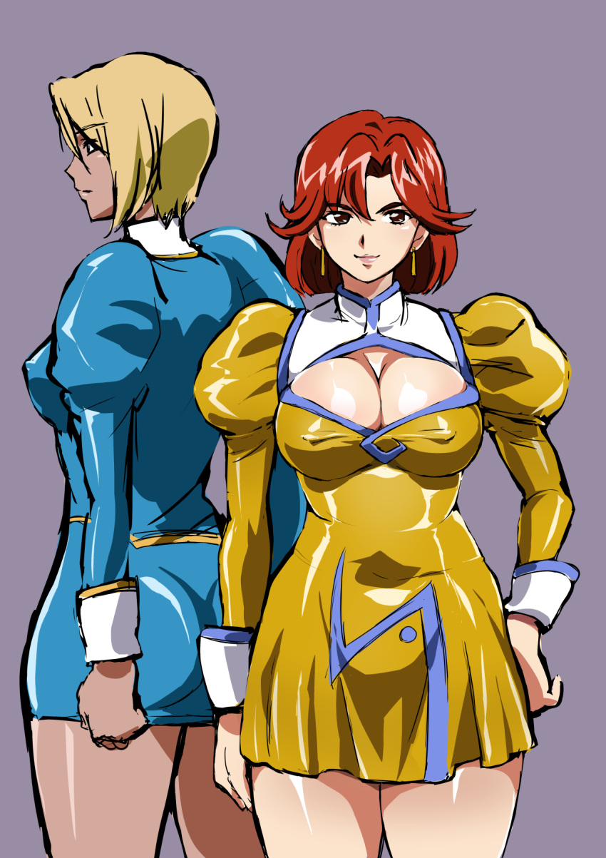 2girls agent_aika aika_(series) bangs bianca_(agent_aika) blonde_hair blue_delmo blue_jacket blue_skirt breasts brown_eyes cleavage_cutout closed_mouth clothing_cutout commentary_request delmogeny_uniform dress golden_delmo highres jacket juliet_sleeves large_breasts light_smile lipstick long_hair long_sleeves looking_at_viewer makeup mamesi_(suhk8583) medium_breasts multiple_girls panties pleated_dress puffy_sleeves red_eyes redhead short_hair skirt sleeve_cuffs standing thighs underwear valerie_(agent_aika) white_background white_panties yellow_dress