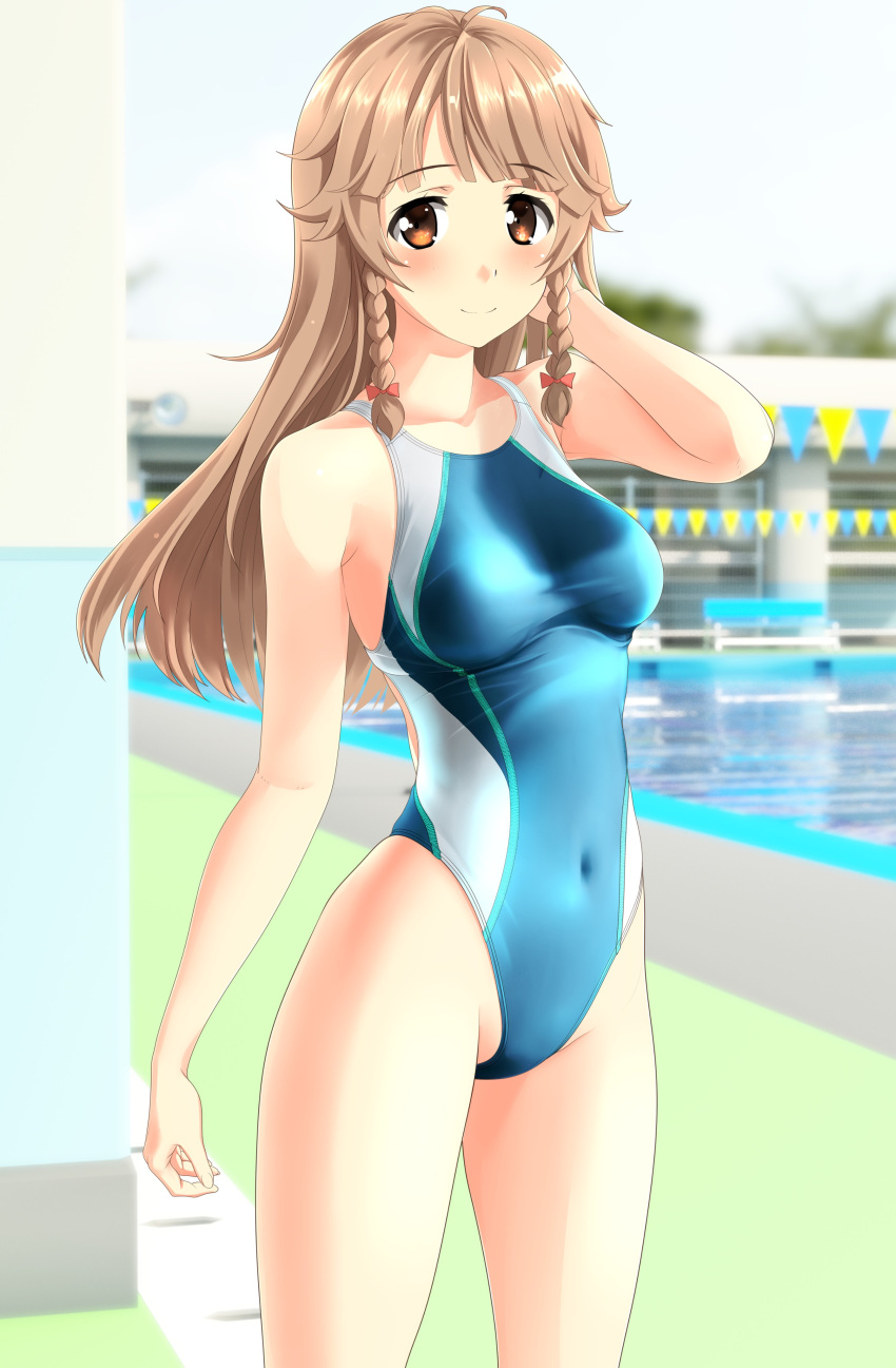 1girl absurdres aqua_swimsuit blue_sky blurry braid breasts brown_eyes brown_hair clouds commentary_request covered_navel cowboy_shot day depth_of_field high_school_fleet highleg highleg_swimsuit highres long_hair medium_breasts nosa_kouko outdoors pool sky solo standing string_of_flags swimsuit takafumi twin_braids