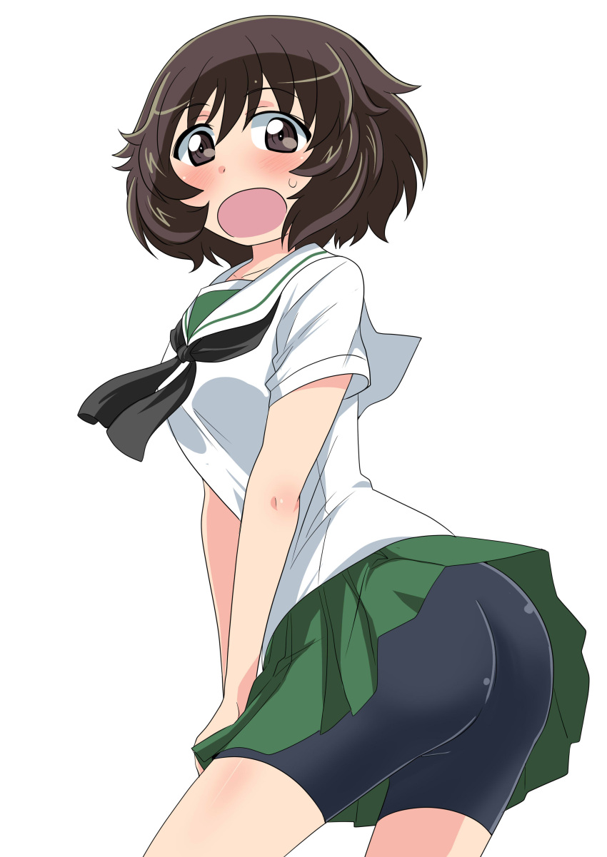 1girl absurdres akiyama_yukari ass bangs bike_shorts black_neckwear black_shorts blouse blush brown_eyes brown_hair commentary cowboy_shot eyebrows_visible_through_hair from_side frown girls_und_panzer green_skirt highres leaning_forward long_sleeves looking_at_viewer messy_hair miniskirt neckerchief ooarai_school_uniform open_mouth pleated_skirt sailor_collar school_uniform serafuku short_hair shorts simple_background skirt skirt_tug solo standing sweatdrop wakku_kan white_background white_blouse white_sailor_collar