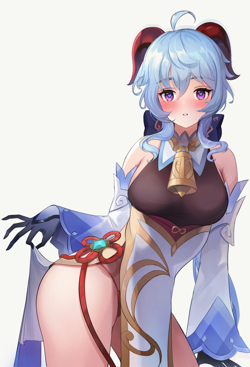 1girl absurdres ahoge bare_shoulders bell black_gloves blue_hair breasts brown_leotard contrapposto cowbell cowboy_shot detached_collar detached_sleeves ganyu_(genshin_impact) genshin_impact gloves goat_horns gold_trim heart heart-shaped_pupils highres horns htoomm large_breasts leotard long_hair long_sleeves looking_at_viewer low_ponytail panties parted_lips pelvic_curtain red_panties simple_background solo string_panties symbol-shaped_pupils thighs underwear violet_eyes white_background
