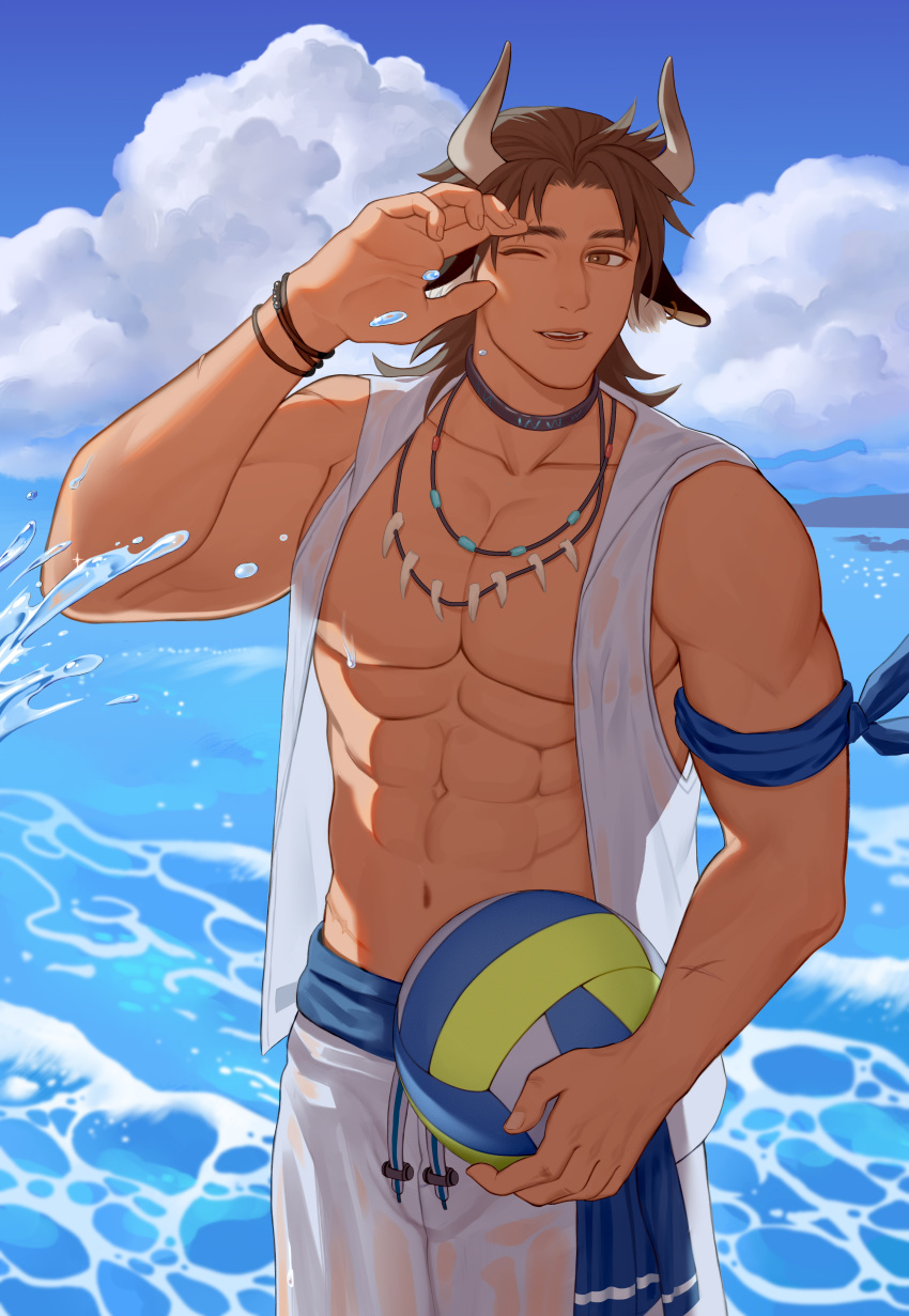 1boy abs absurdres animal_ears arknights bandana bare_pecs beach brown_eyes brown_hair bulge clothes_around_waist cow_boy cow_ears cow_horns earrings highres hood hooded_jacket hoodie horns jacket jewelry ketanbakar male_focus male_swimwear matterhorn_(arknights) matterhorn_(beach_guard)_(arknights) medium_hair muscular muscular_male navel nipples pectorals shirt shirt_around_waist shorts sleeveless sleeveless_hoodie sleeveless_jacket solo stomach swim_trunks swimwear water water_drop wet wet_clothes wet_shirt wet_shorts white_jacket