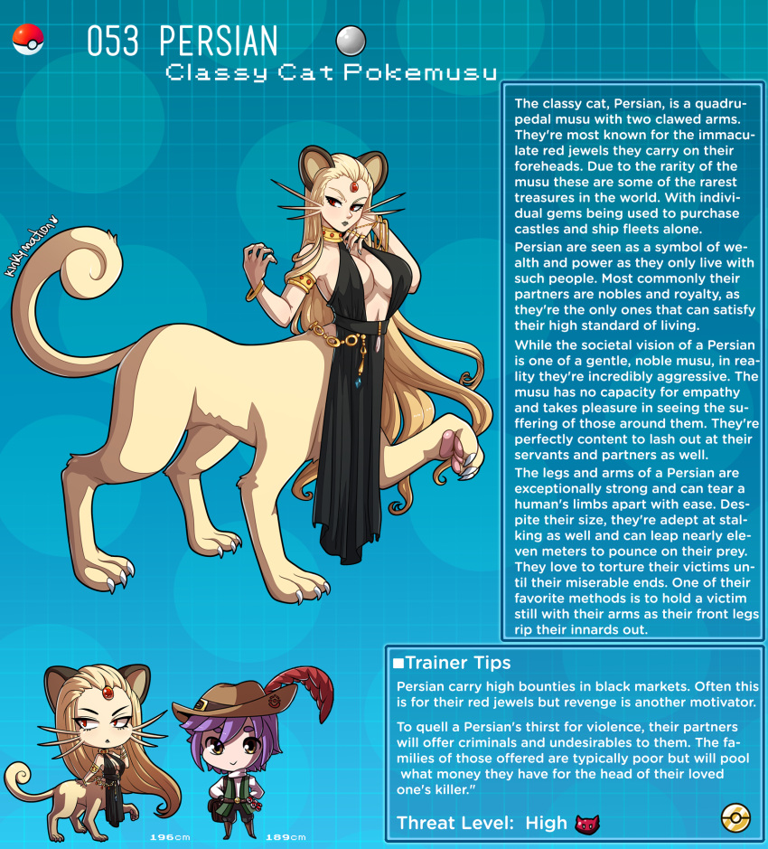 1boy 1girl animal_ears artist_name black_dress blonde_hair bracelet breasts cat_ears cat_girl cat_tail centauroid chain character_name character_profile choker claws dress english_commentary english_text forehead_jewel gen_1_pokemon hat highres jewelry kinkymation large_breasts persian poke_ball pokemon purple_hair red_eyes tail whiskers
