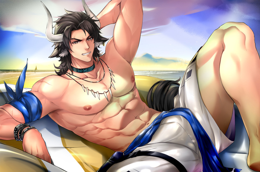 1boy abs animal_ears arknights arm_behind_head armpit_peek bare_pecs beach brown_eyes brown_hair bulge cow_boy cow_ears cow_horns day earrings highres horns jewelry male_focus male_swimwear matterhorn_(arknights) matterhorn_(beach_guard)_(arknights) medium_hair muscular muscular_male navel nipples outdoors pectorals pmoazi seductive_smile smile solo spread_legs stomach swim_trunks swimwear thighs tooth_necklace