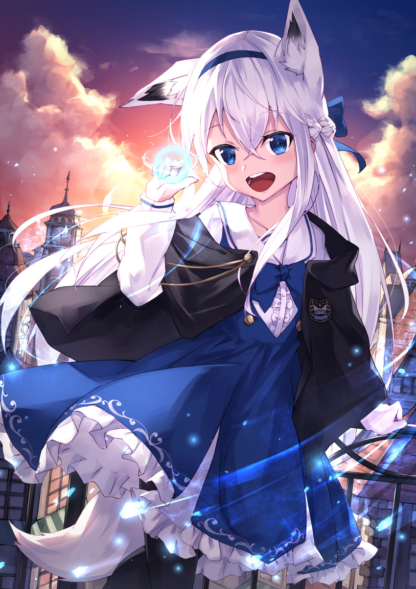 1girl absurdres animal_ear_fluff animal_ears arm_up bangs black_jacket black_legwear blue_dress blue_eyes blush bow clock clock_tower clouds cloudy_sky commentary_request dress dusk eyebrows_visible_through_hair fox_ears fox_girl fox_tail hair_between_eyes hair_bow hairband highres jacket light_particles long_hair long_sleeves looking_at_viewer masaki_(msk064) open_clothes open_jacket open_mouth original outdoors pinafore_dress railing shirt sidelocks sky solo tail tower white_hair white_shirt
