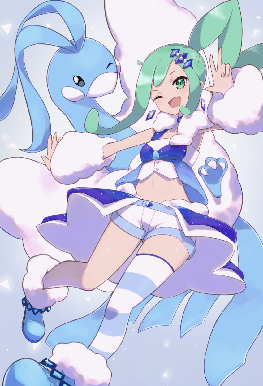 1girl ;d absurdres altaria aqua_eyes aqua_hair armpits asymmetrical_hair bangs bare_shoulders blue_footwear breasts camisole choker collarbone commentary_request crop_top earrings fang full_body fur_trim gen_3_pokemon glint hair_ornament hand_up highres jewelry lisia_(pokemon) long_hair looking_at_viewer midriff navel nuneno one_eye_closed open_mouth outstretched_arm pokemon pokemon_(creature) pokemon_(game) pokemon_oras shoes short_shorts shorts showgirl_skirt sidelocks single_thighhigh skin_fang small_breasts smile solo_focus standing standing_on_one_leg striped striped_legwear thigh-highs v white_camisole white_legwear white_shorts