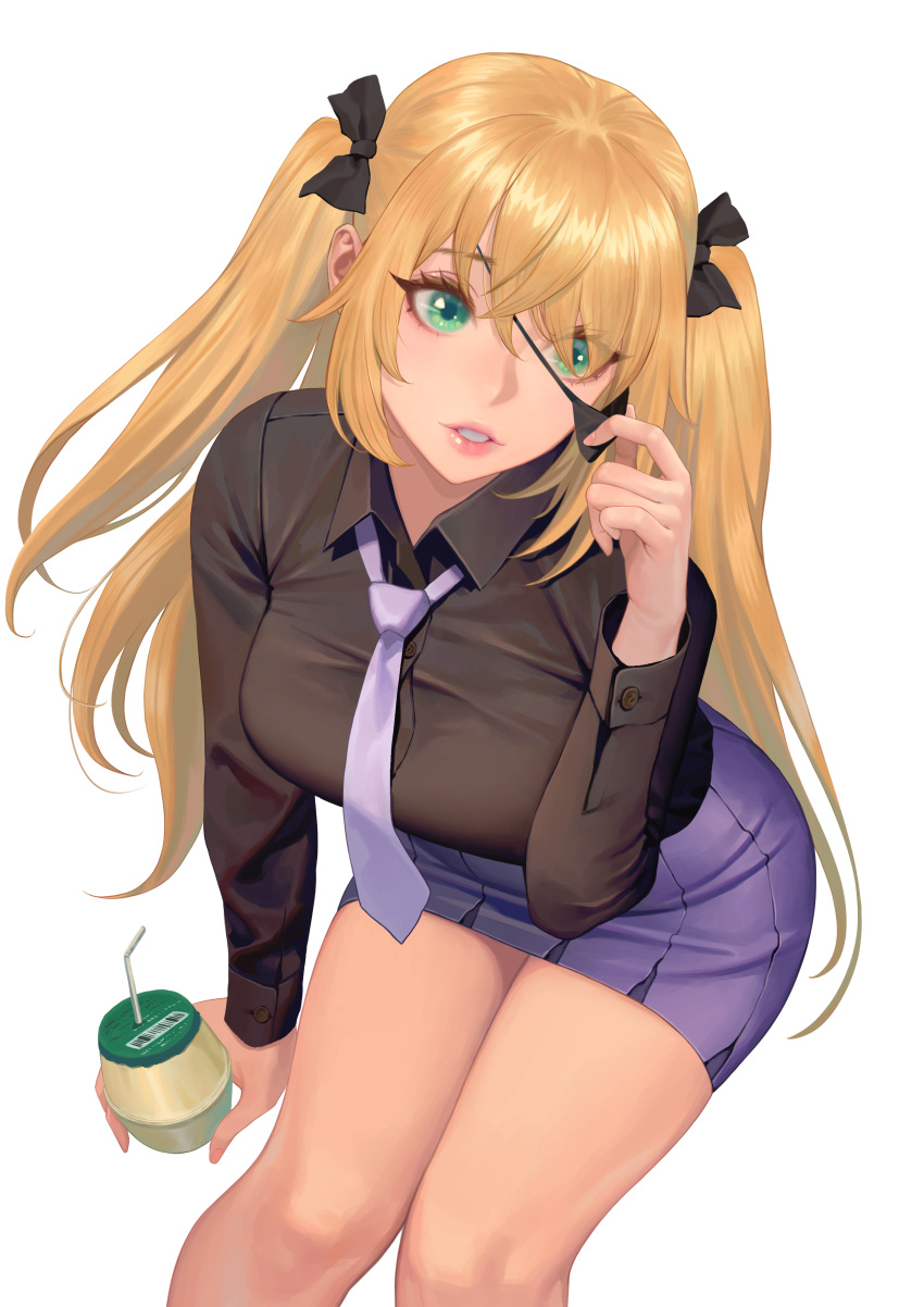 1girl absurdres bangs black_eyepatch black_ribbon black_skirt bottle breasts collared_shirt commentary commission dress_shirt drink drinking_straw eyepatch eyepatch_pull feet_out_of_frame fischl_(genshin_impact) from_above genshin_impact green_eyes hair_between_eyes hair_ribbon hand_up highres holding hongcasso large_breasts long_hair long_sleeves looking_at_viewer necktie parted_lips pleated_skirt ribbon shirt shirt_tucked_in simple_background sitting skirt solo teeth twintails white_background