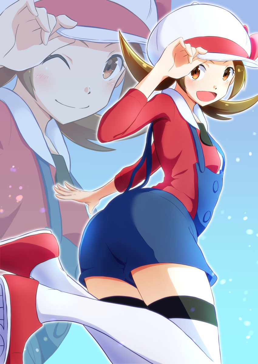 1girl :d absurdres blue_overalls blush brown_eyes brown_hair commentary_request hand_on_headwear hat hat_ribbon highres looking_at_viewer looking_back lyra_(pokemon) negimiso1989 open_mouth overalls pokemon pokemon_(game) pokemon_hgss projected_inset red_footwear ribbon shoes smile thigh-highs tongue twintails white_headwear