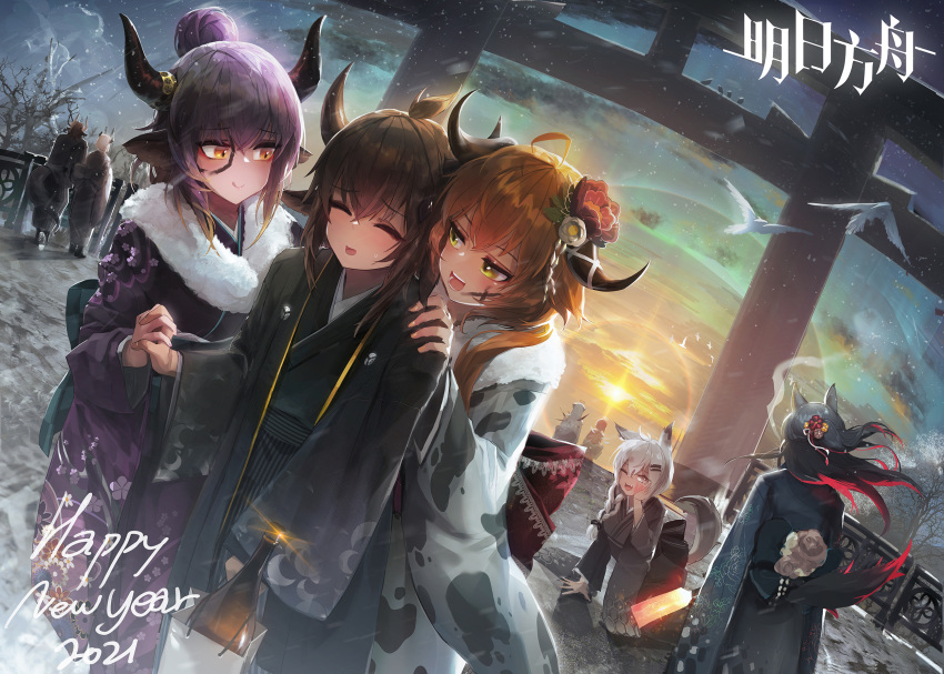 2boys 5girls :o animal_ears animal_print arknights bare_tree bird bison_(arknights) black_horns brown_hair character_request cow_print croissant_(arknights) dated furisode grey_eyes happy_new_year hat highres horns japanese_clothes kimono lappland_(arknights) matterhorn_(arknights) mo_ne morning multicolored_hair multiple_boys multiple_girls outdoors purple_hair purple_kimono seagull sideroca_(arknights) snowing streaked_hair sweatdrop tail texas_(arknights) tongue tongue_out torii tree vulcan_(arknights) yellow_eyes