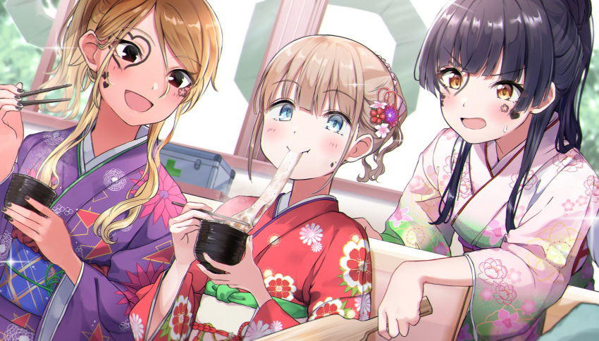 3girls :d :t black_hair black_nails blue_eyes blush bowl brown_eyes brown_hair chopsticks closed_mouth commentary_request eating facepaint first_aid_kit floral_print flower hagoita hair_flower hair_ornament heart highres holding holding_bowl holding_chopsticks idolmaster idolmaster_shiny_colors izumi_mei japanese_clothes kimono long_hair long_sleeves mayuzumi_fuyuko mochi multiple_girls nail_polish obi open_mouth paddle ponytail print_kimono purple_flower purple_kimono red_kimono sash serizawa_asahi shaka_(staito0515) sidelocks smile steam sweat v-shaped_eyebrows white_flower white_kimono wide_sleeves