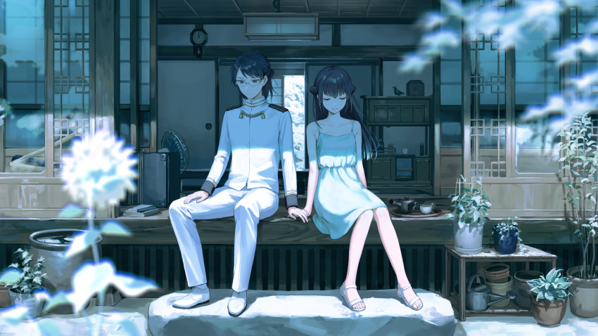 1boy 1girl aqua_dress architecture bangs bare_arms bare_shoulders black_hair closed_eyes closed_mouth collarbone dandelion double_bun dress east_asian_architecture flower full_body half_updo highres holding_hands kotatiyu long_hair military military_uniform nijisanji sandals short_dress shouji sidelocks sitting sleeveless sleeveless_dress sliding_doors smile spaghetti_strap sundress uniform veranda virtual_youtuber yamagami_karuta