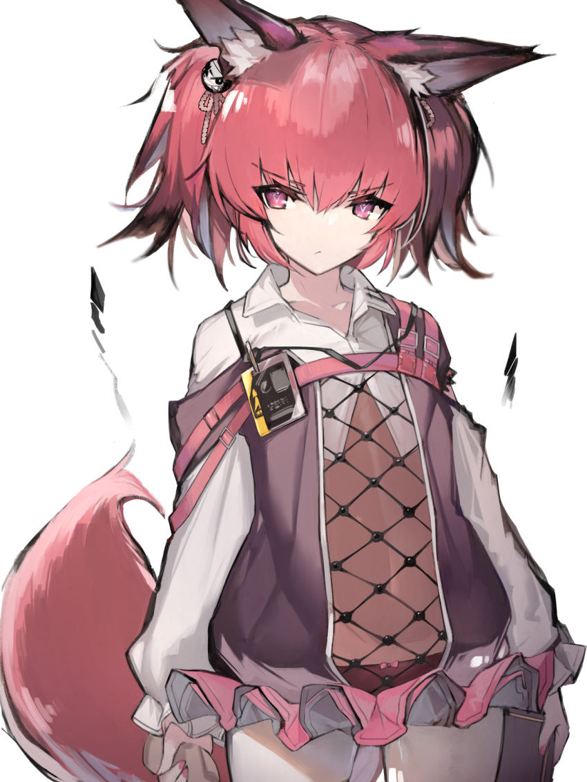 1girl animal_ear_fluff animal_ears arknights bangs book cowboy_shot eyebrows_visible_through_hair facing_viewer fox_ears fox_girl fox_tail frilled_skirt frills hair_ornament highres long_sleeves looking_at_viewer panties pantyhose pink_hair red_eyes red_panties scowl shamare_(arknights) shirt short_hair simple_background skirt solo standing strap_slip stuffed_animal stuffed_toy symbol-shaped_pupils tail twintails underwear v-shaped_eyebrows white_background white_legwear white_shirt yki