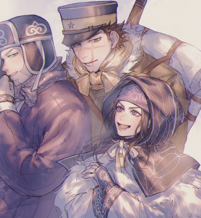 1girl 2boys :d ainu ainu_clothes arisaka asirpa backpack bag bandana beard black_hair blue_eyes blue_headwear bolt_action brown_coat brown_eyes brown_hair buzz_cut cape closed_mouth coat ear_piercing earrings eyebrows facial_hair from_side fur-trimmed_collar fur_cape gloves goatee golden_kamuy grey_background grey_hair gun hat highres hoop_earrings imperial_japanese_army jacket jewelry kepi long_hair long_sleeves looking_at_another military military_hat military_uniform mittens multiple_boys open_mouth over_shoulder parted_lips piercing polka_dot polka_dot_scarf purple_jacket rifle scar scar_on_cheek scar_on_face scar_on_mouth scar_on_nose scarf shimashiii shiraishi_yoshitake short_hair sideburns sidelocks simple_background smile star_(symbol) sugimoto_saichi symbol_commentary two-tone_headwear uniform upper_body very_short_hair weapon weapon_over_shoulder white_cape white_gloves wide_sleeves yellow_headwear yellow_scarf