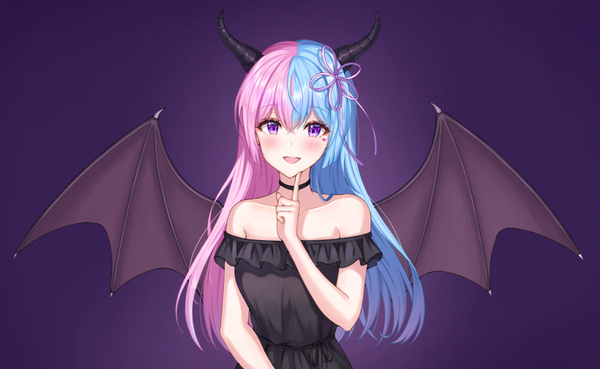 1girl :d absurdres bare_shoulders black_dress blue_hair blush breasts choker collarbone commentary demon_girl demon_horns demon_wings dress finger_to_own_chin frilled_sleeves frills hair_ribbon heart highres horns long_hair looking_at_viewer medium_breasts multicolored_eyebrows multicolored_hair open_mouth original pink_hair pink_ribbon purple_background ribbon sarin_(seoling) short_sleeves smile solo two-tone_hair violet_eyes wings