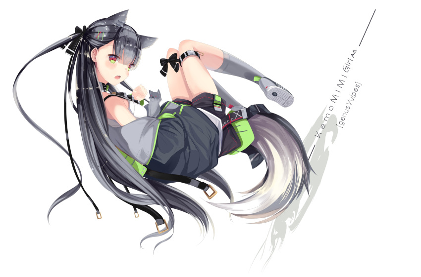 1girl absurdres animal animal_ears bangs belt black_coat black_ribbon black_shorts camisole coat commentary ear_clip english_text eyebrows_visible_through_hair floating force_(fossan_01) fox fox_ears fox_girl fox_tail green_eyes grey_footwear grey_hair grey_legwear hair_ornament hair_ribbon hairclip highres holding holding_animal latin_text long_hair looking_at_viewer off_shoulder open_mouth original ribbon romaji_text shirt shoes short_shorts shorts sneakers socks solo tail thigh_strap white_shirt