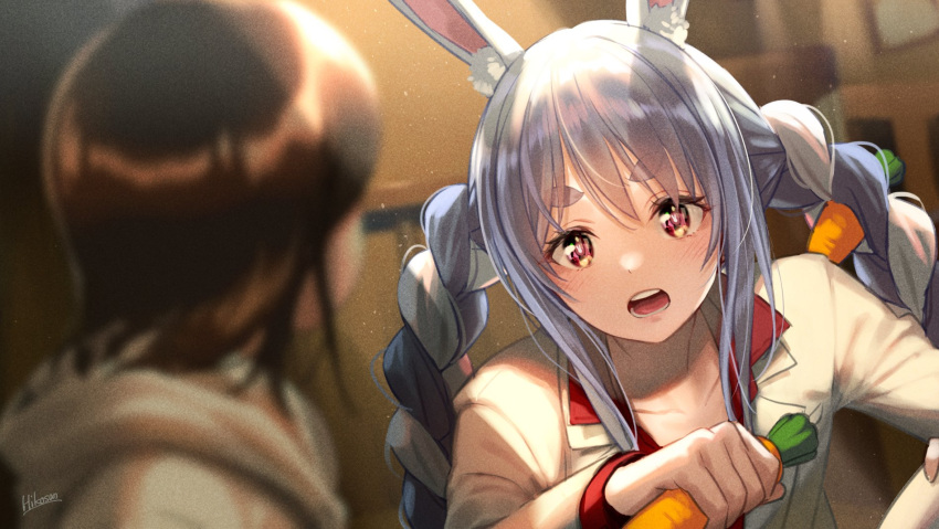 2girls alternate_costume animal_ear_fluff animal_ears bangs blue_hair blurry blurry_background blurry_foreground blush braid brown_hair carrot carrot_hair_ornament character_request collarbone commentary_request eyebrows_visible_through_hair facing_away food food_themed_hair_ornament hair_ornament highres hikosan holding holding_food holding_vegetable hololive indoors jacket long_hair looking_at_another medium_hair multicolored_hair multiple_girls open_mouth orange_eyes rabbit_ears sidelocks silver_hair thick_eyebrows twin_braids twintails two-tone_hair upper_body usada_pekora vegetable virtual_youtuber white_jacket