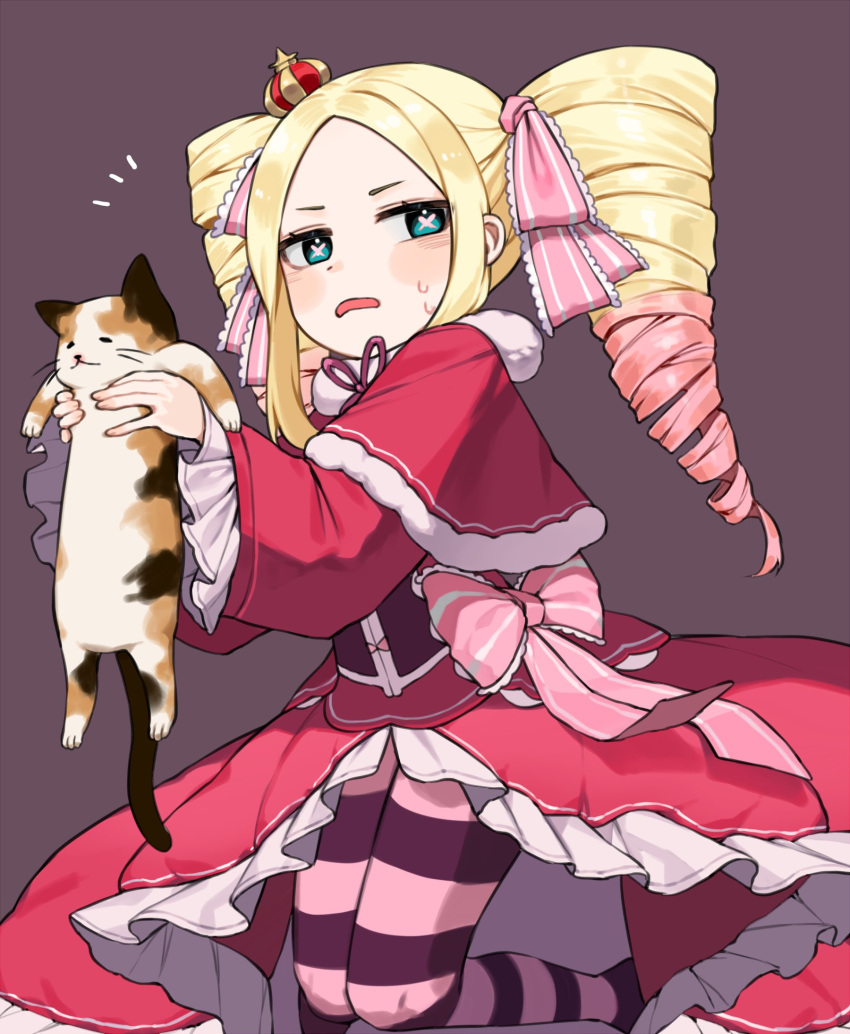 1girl animal beatrice_(re:zero) blonde_hair blush bow brown_background capelet cat commentary_request crown dress drill_hair eyelashes green_eyes hair_ribbon highres holding holding_animal holding_cat knees_together leg_up long_hair long_sleeves looking_to_the_side mini_crown pantyhose pink_ribbon re:zero_kara_hajimeru_isekai_seikatsu ribbon simple_background striped striped_legwear sweat symbol-shaped_pupils twin_drills useq1067