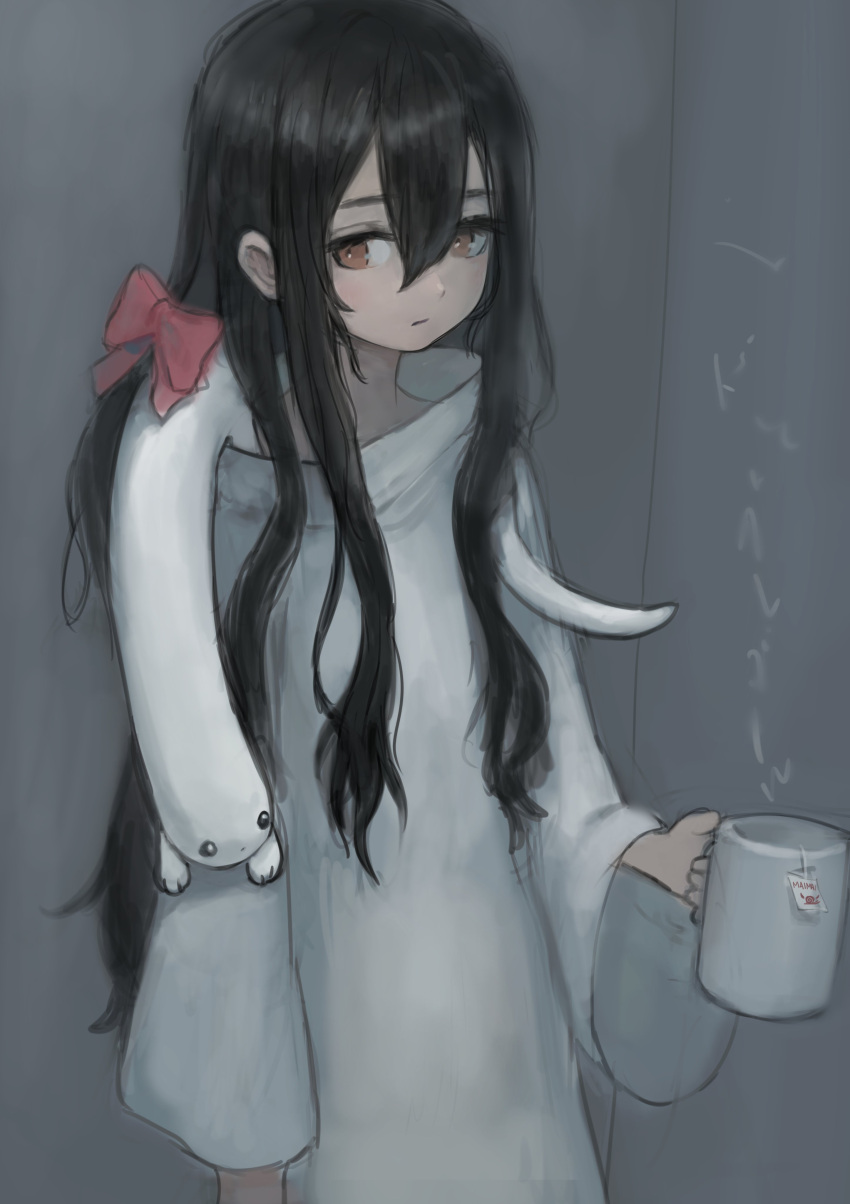 1girl absurdres black_hair blush bow brown_eyes creature creature_on_shoulder cup dress expressionless hair_between_eyes hair_bow highres holding holding_cup long_hair long_sleeves on_shoulder original red_bow solo tsurunoka white_dress wide_sleeves