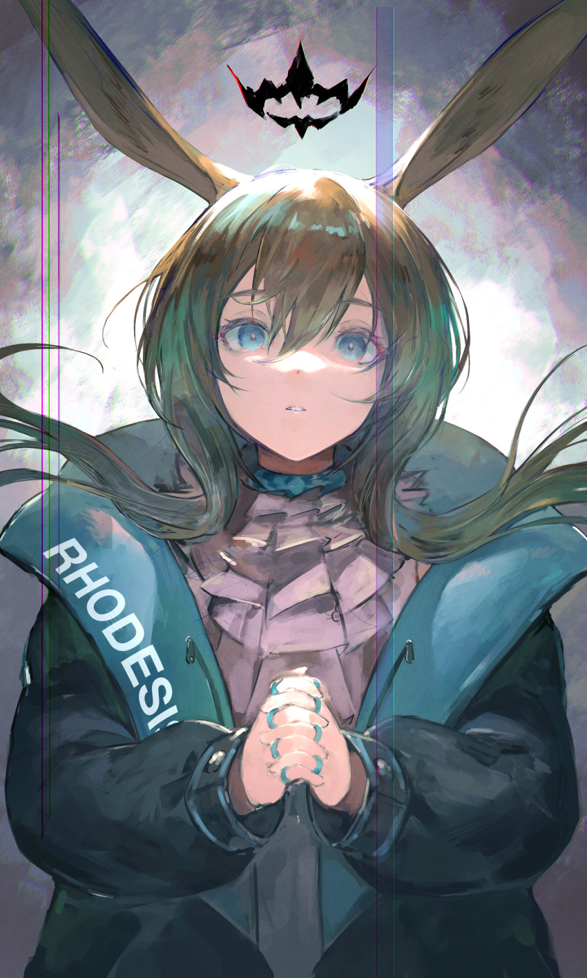 1girl absurdres amiya_(arknights) animal_ears arknights ascot bangs black_coat blue_choker blue_eyes brown_hair bunny_girl choker clothes_writing coat commentary_request crown eyebrows_visible_through_hair gradient gradient_background hands_clasped highres huge_filesize jewelry long_hair long_sleeves looking_at_viewer open_clothes open_coat own_hands_together parted_lips purple_neckwear rabbit_ears ring shirataki_jiro sidelocks solo upper_body
